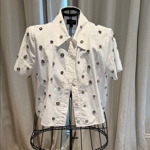 J. Crew White Short-Sleeve Shirt with Jeweled Floral Studs